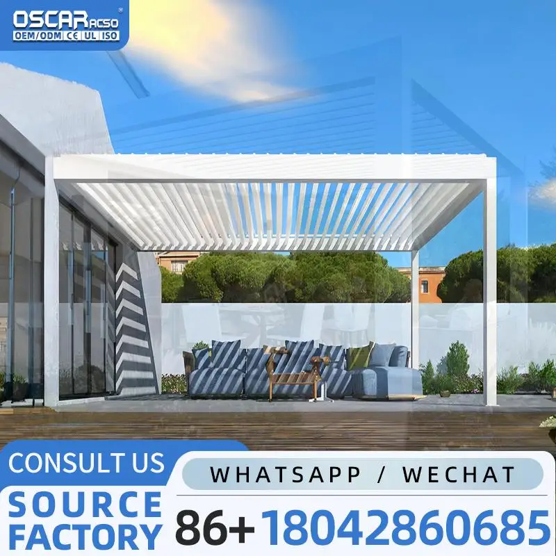 Outdoor Motorized Aluminum Patio Awning with Remote Control and Sunshade for Garden Backyard Poolside pergola