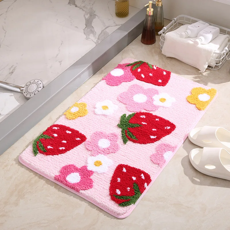 

Cute Strawberry Flocking Bath Mat Pink Sweet Girls Home Decor Carpet Bedroom Rug Non-slip Absorbent Hallway Entrance Door Mat