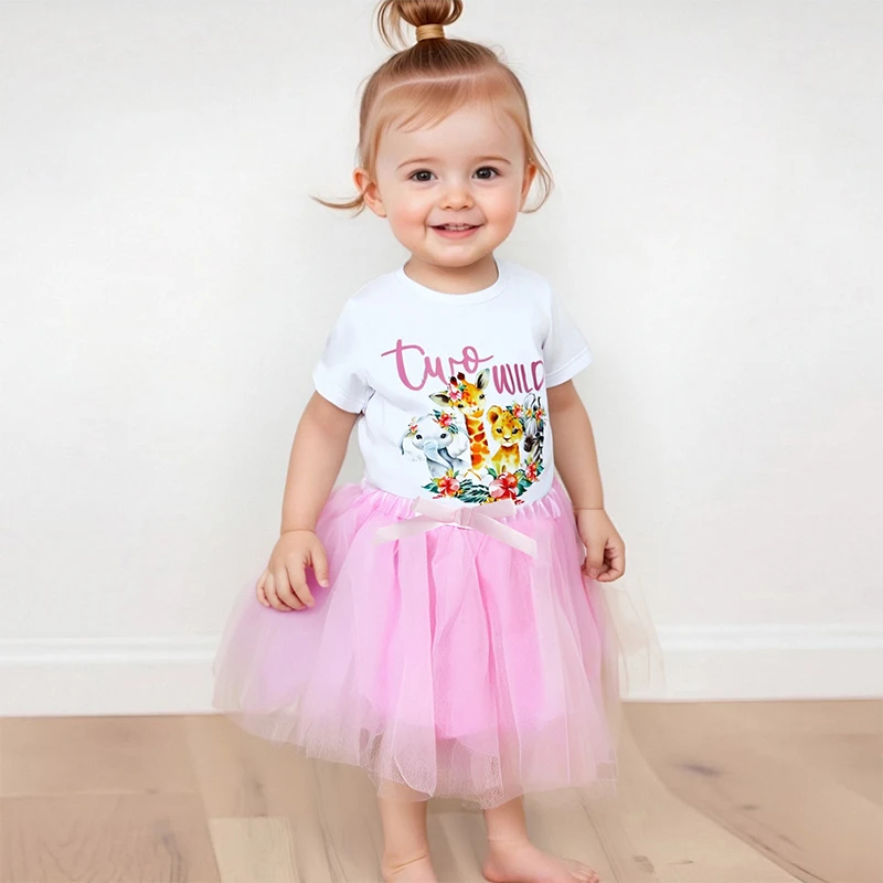 

Cute Baby Girl Birthday Dress Set with Animal Print Tee and Tulle Skirt Adorable Bow Detail Elastic Waistband