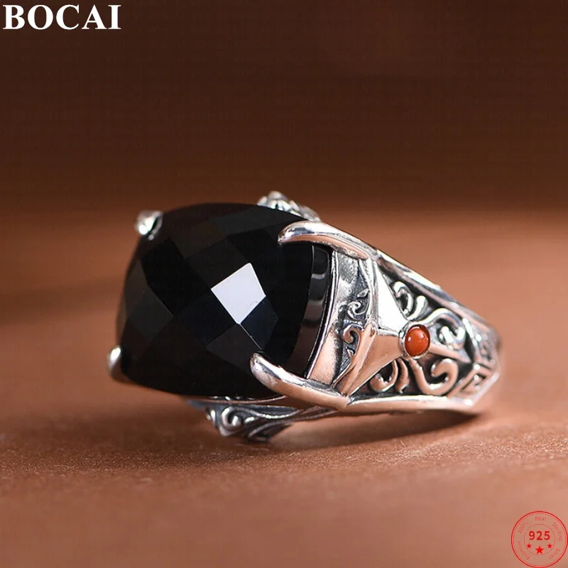 

BOCAI S925 Sterling Silver Charms Rings for Men Women Ancient Pattern Inlaid Tangent Plane Black Agate New Fashion Jewelry ﻿ ﻿