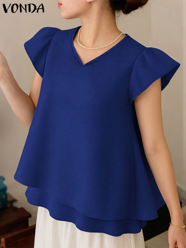 

VONDA Women Tops Summer Short Sleeve Blusas Elegant V-Neck Blouse Casual Shirts Loose Ruffled Solid Color Tunic Oversized