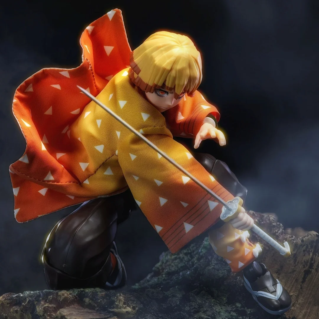 Demon Slayer Shf Anime hecho a mano Agatsuma Zenitsu capa kimono y tejido de plumas alambre de hierro incorporado es adecuado para juguetes 1/12