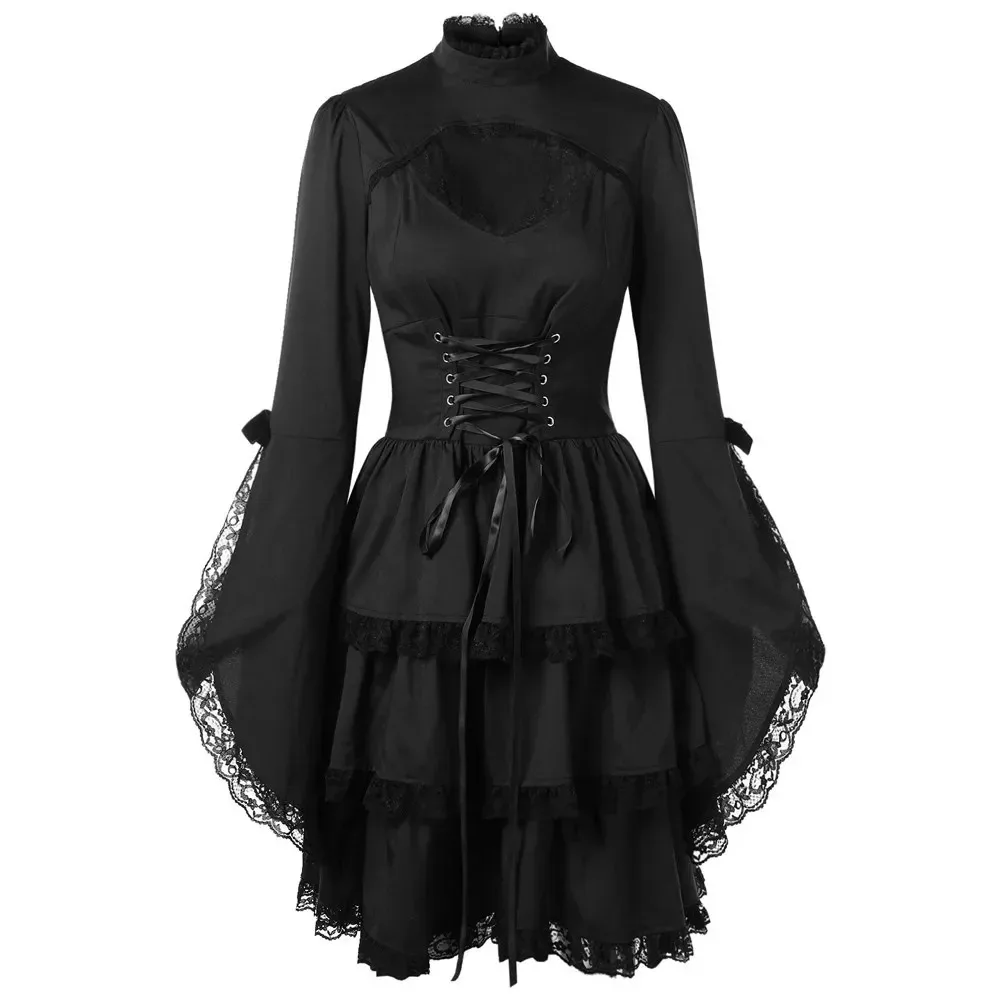 Long Flare Sleeve Women Gothic Punk Dress Sexy Black Mesh Sawing Medieval Vintage Elegant Lace Up Goth Retro Party Mini Dresses