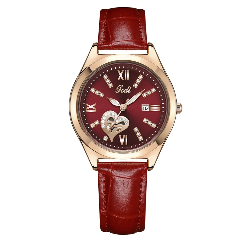 

Высококачественные часы-календарь. Легкие роскошные высококачественные полые женские часы с бриллиантами. Большие красные кожаные кварцевые часы.