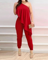 Bayan Tulumlar Yaz Moda Bir Omuz Asimetrik Ruffles Zarif Parti Seksi Kolsuz Ruffles Rahat Uzun Tulum