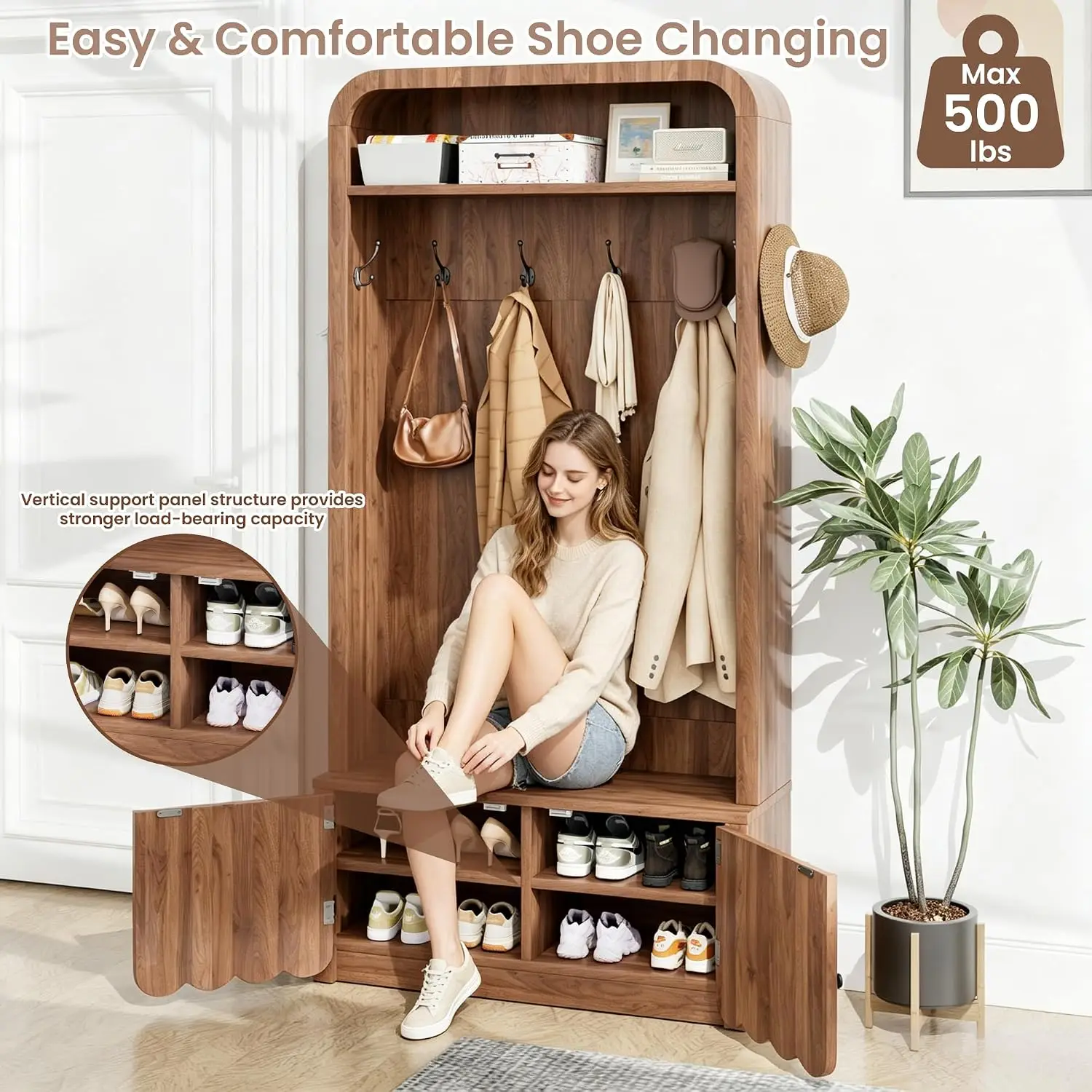Narrow Hall Tree with Bench and Shoe Storage,Arched Mudroom Bench with Storage and Hooks, Modern Rustic Entryway, Customized
