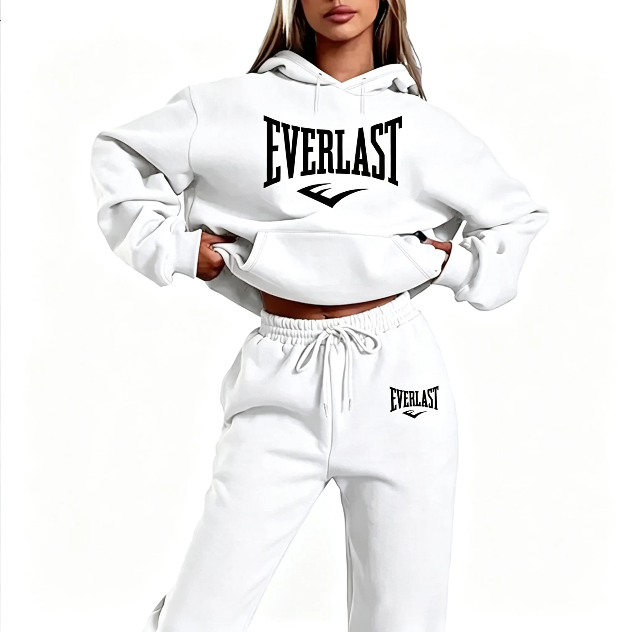Two-piece Tracksuit Set with Letter Print for Women, Fashionable Running Sweatshirt, Sports Hoodie with Drawstring, Quality Fitn