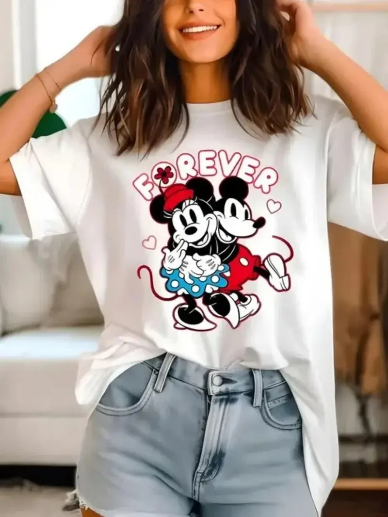 

2025 Disney Pattern Printed Women's Casual Comfortable Unique Smiling Face Black Round Neck Short Sleeve T-shirt
