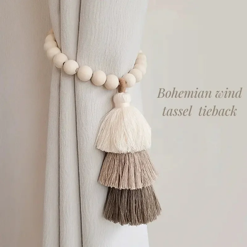 New cross-border product: Curtain tie-backs with cartoon rainbow wooden beads, light luxury French-style handmade sheer curtain