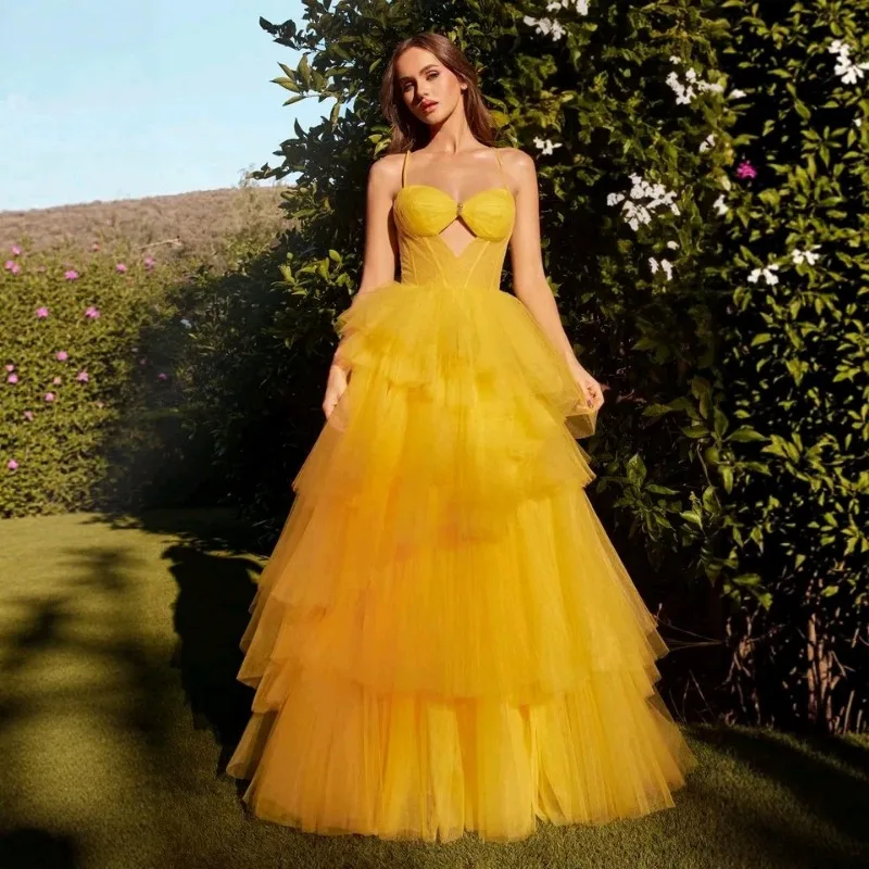 Elegant 2026 New Multi Layer Tulle Cake Evening Dress Strap Long Banquet Party Photo High End Sense Dress For Special Occasions