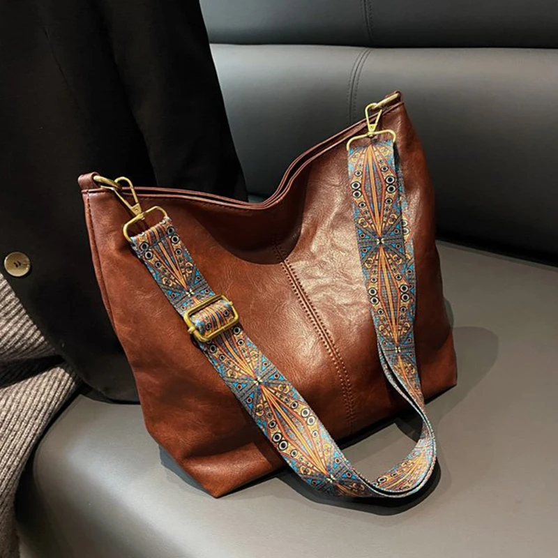 Vintage Solid Color PU Leather Women Fashion Shoulder Sling Bag Simple Wide Strap Bucket Crossbody Bag