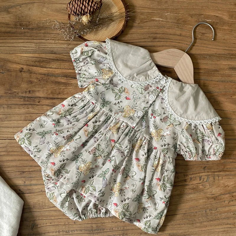 2024 New Summer 0-24M Baby Girl Clothing Korean Style Climbing Suit Short Sleeved Cotton Print Infant Baby Girls Bodysuits