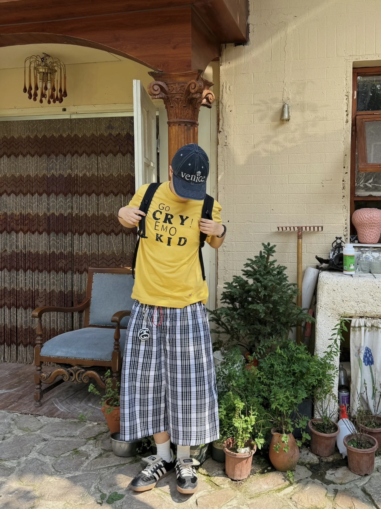Summer Black White Plaid Drawstring Beach Loose Men's Shorts Casual Japanese Style Seven-Foot Pants Couple's Cotton Shorts