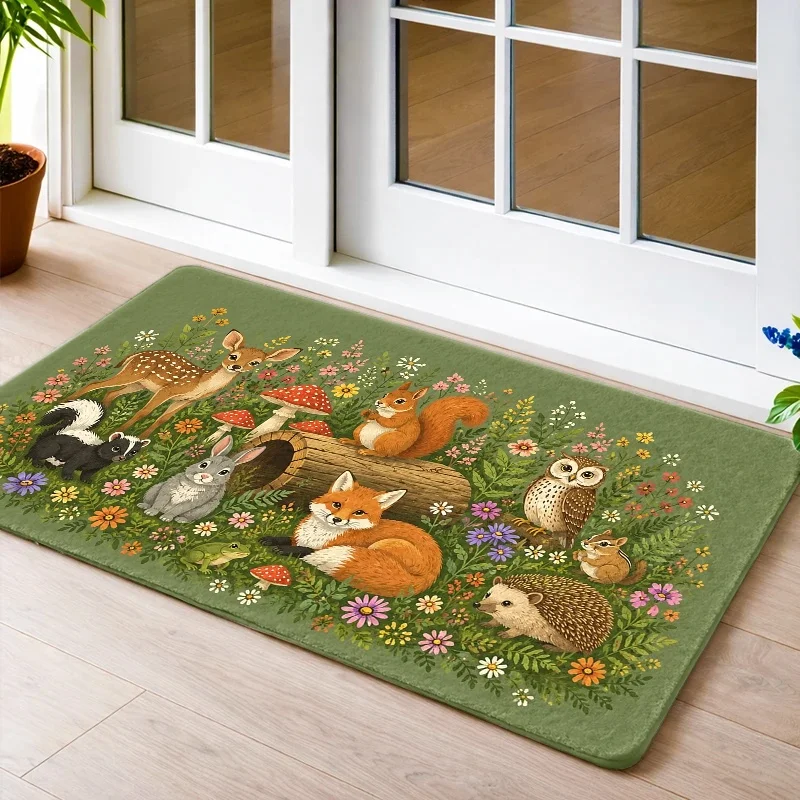Forest Animal Doormat Woodland Fox Deer Owl Rabbit Wildflower Print Entrance Rug Indoor Porch Front Door Nature Home Decor Mat
