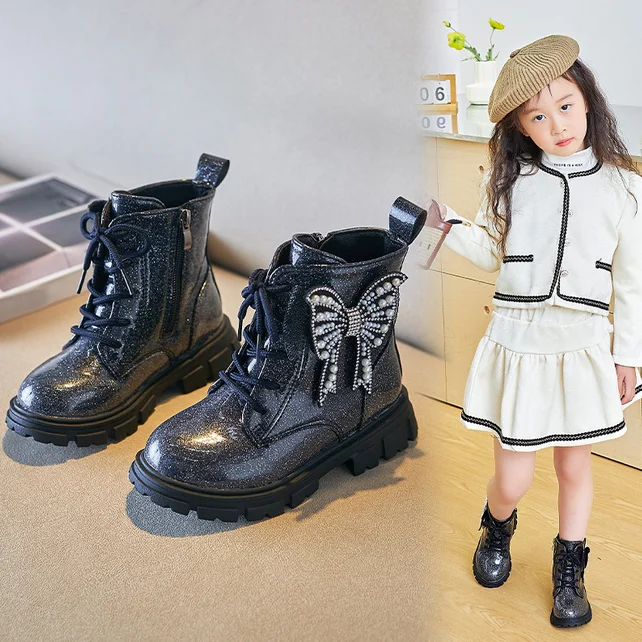 Girls Boots Spring Autumn New Bow Princess Shoes Fashion Glitter Shiny Ankle Boots Soft Bottom Non-Slip Kids Shoes Botas Mujer