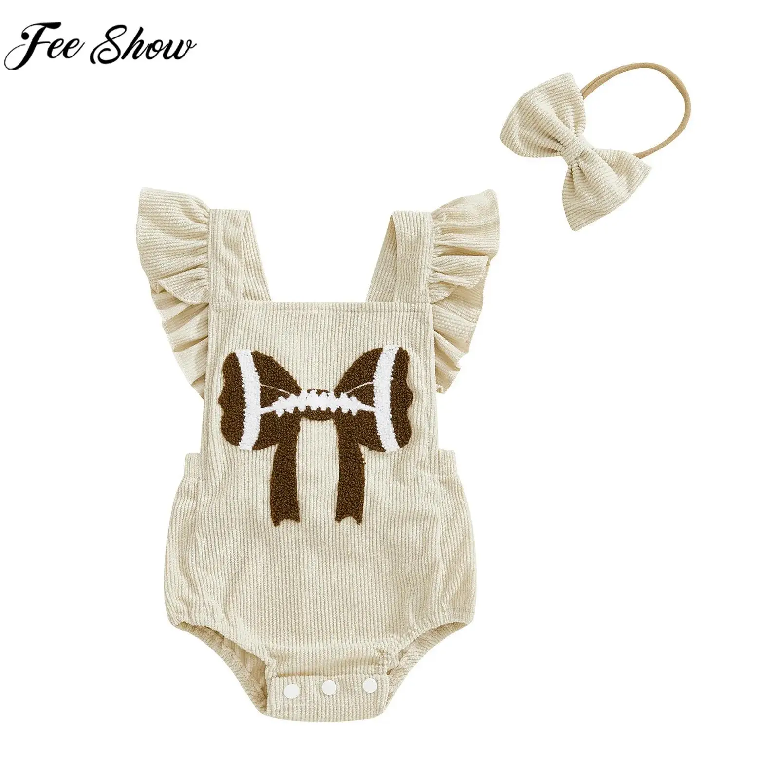 

0-24M Baby Girls Ruffled Sleeve Cute Bowknot Corduroy Romper with Headband Birthday Party Cake Smash Photography Bodysuit Outfit