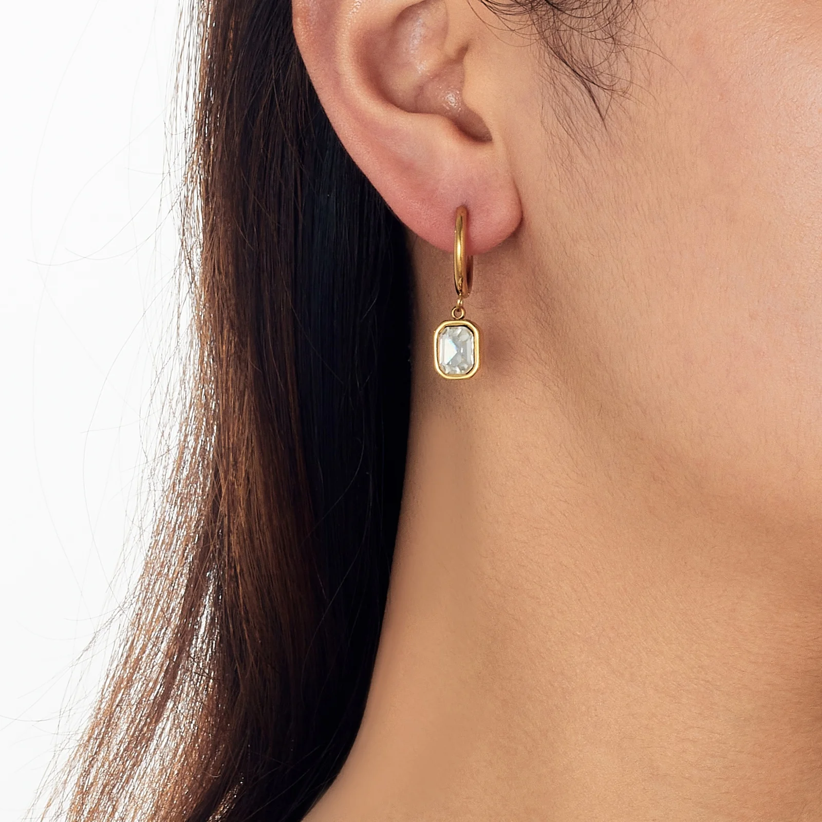 DIEYURO 316L Stainless Steel Golden Square Inlay White Zircon Pendant Earrings For Womens Fashion Trend Non-fading Jewelry Gift