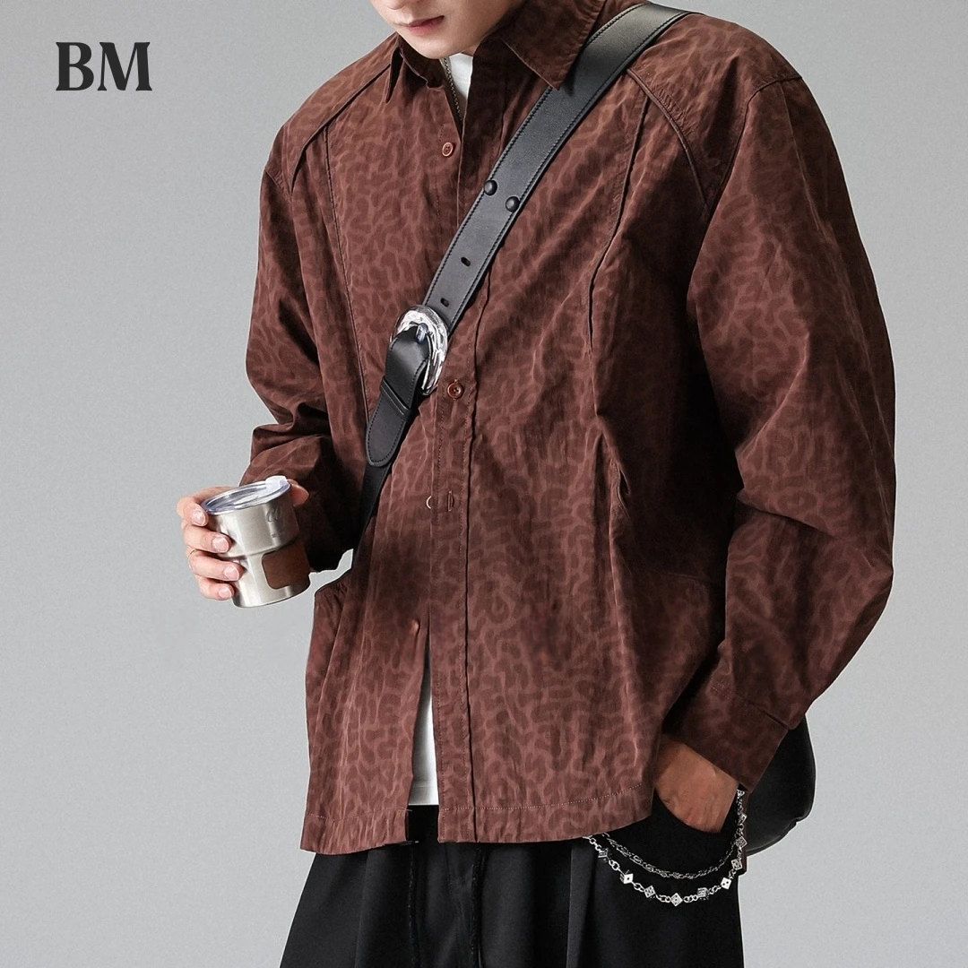 

Mens Raglan Sleeve Leopard Shirt Jacket American Streetwear Flap Collar Long Sleeve Spring Casual Oversized Trendy Coat Male