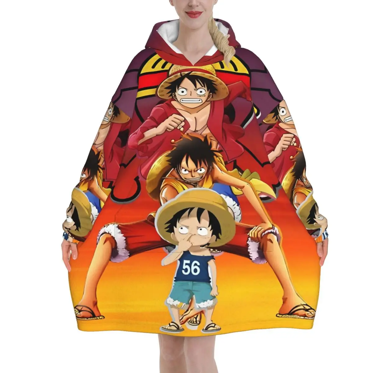 Oversized One Piece Anime Manga Luffy Wearable Deken Cadeaus voor Vrouwen Mannen Ultrasoft Pluche Warm Sweatshirt Dekens Met Zak