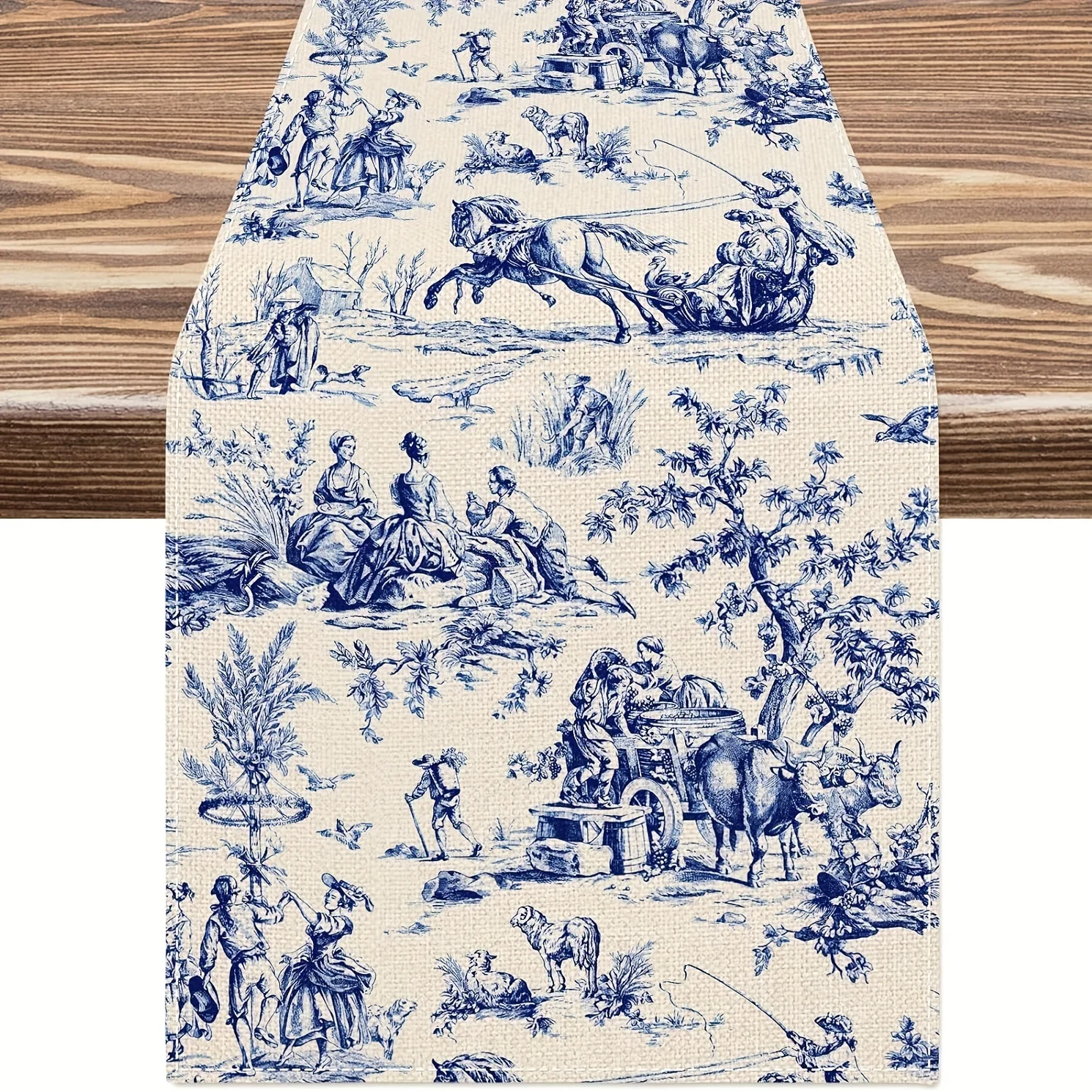 1 Piece of French Country Style Table Flag, Rice Bottom Blue Painted Retro Pastoral Character Scene Pattern, Suitable for French Restaurants, Retro B&Bs, Art Salons, Handicraft Markets, Home Decorations, Classy Tea Parties, Cultural Exhibitions, European Theme Parties