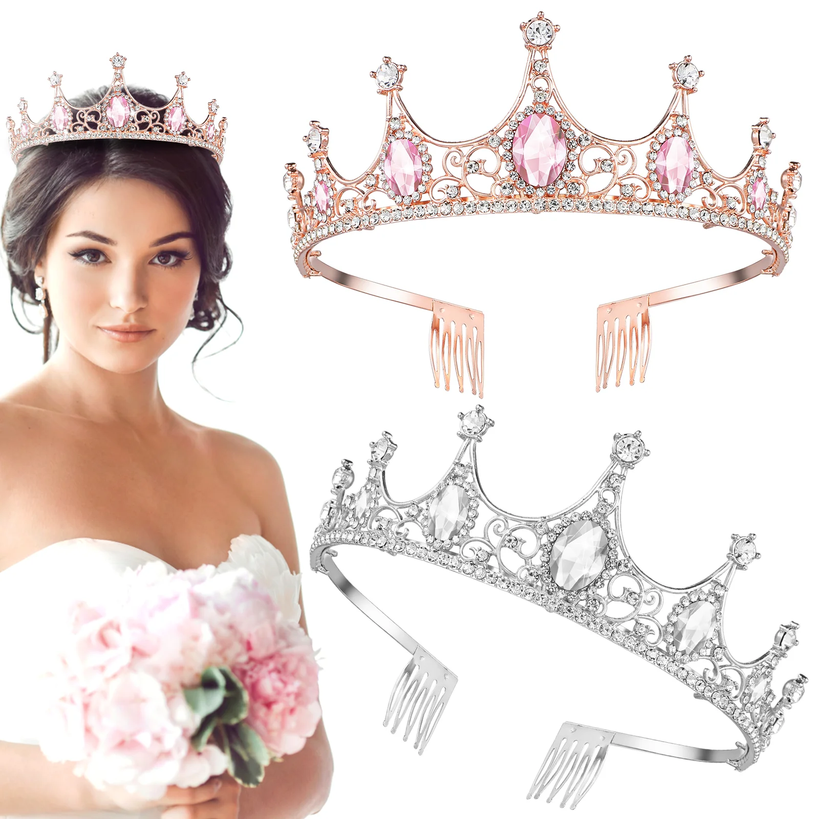 2 Pcs Retro Decor Crown Wedding Hair Accessories Clothing Rhinestone Tiara Bridal Pink