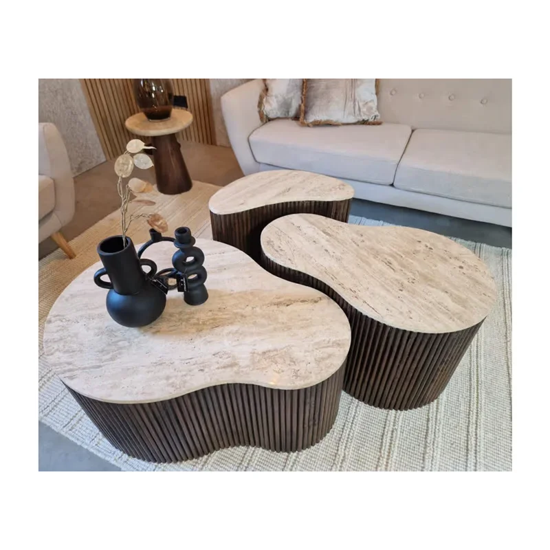 Marble Coffee Table Set Living Room Decor Natural Marble Center Table with Wooden Leg Travertine Coffee Table for Living