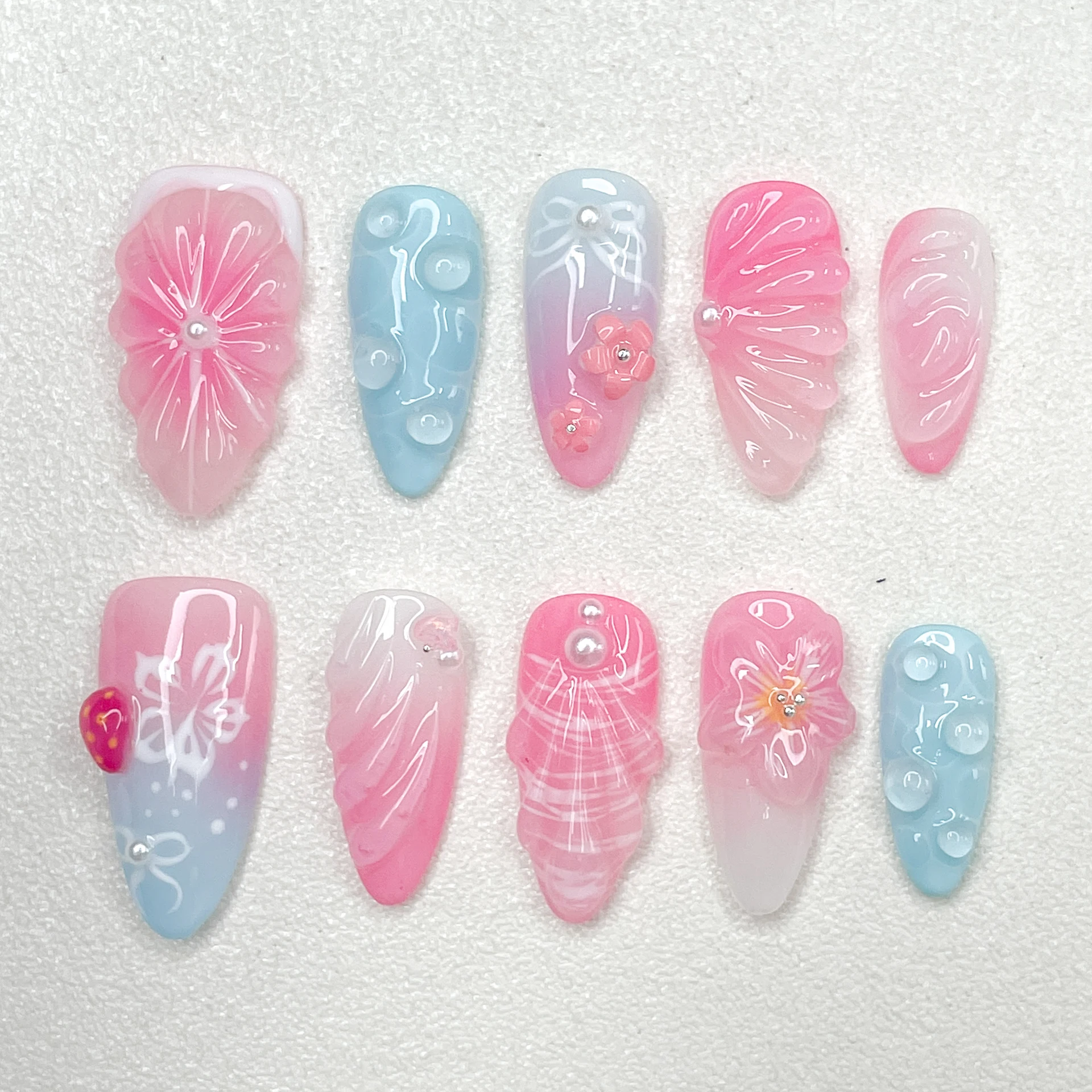 

New Pink Cute Series Fake Nails Press on Nails 3D Series Summer Exclusive Manicure Almond Length Relief Hand-painted Decorations