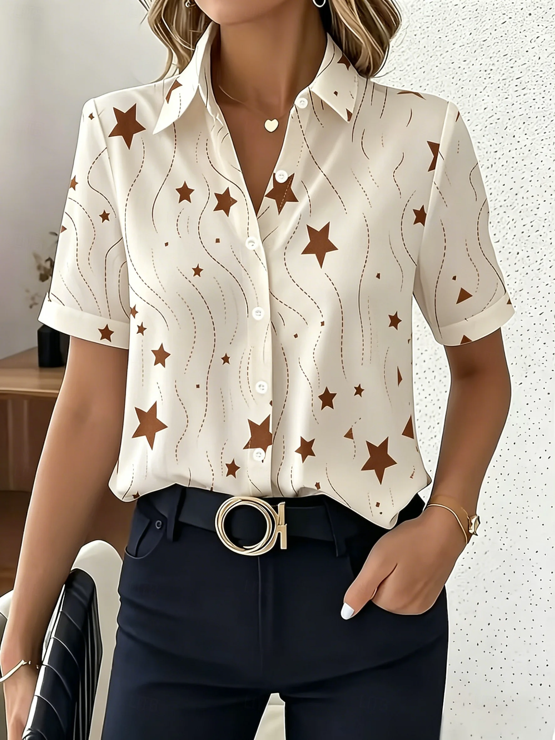 

Women's Short Sleeve Star Print Button Down Casual Shirt Elegant Daily Blouse Tops in Beige for Spring Summer
