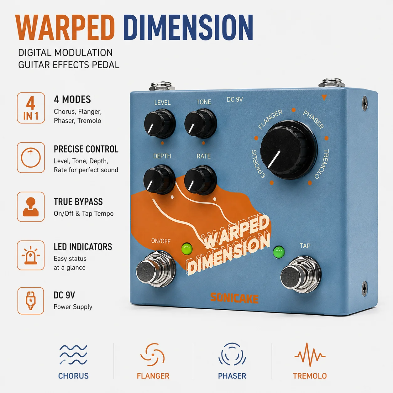 Warped Dimension Digital Modulation Guitar Effects Pedal 4 Mode of Chorus, Flanger, Phaser & Tremolo