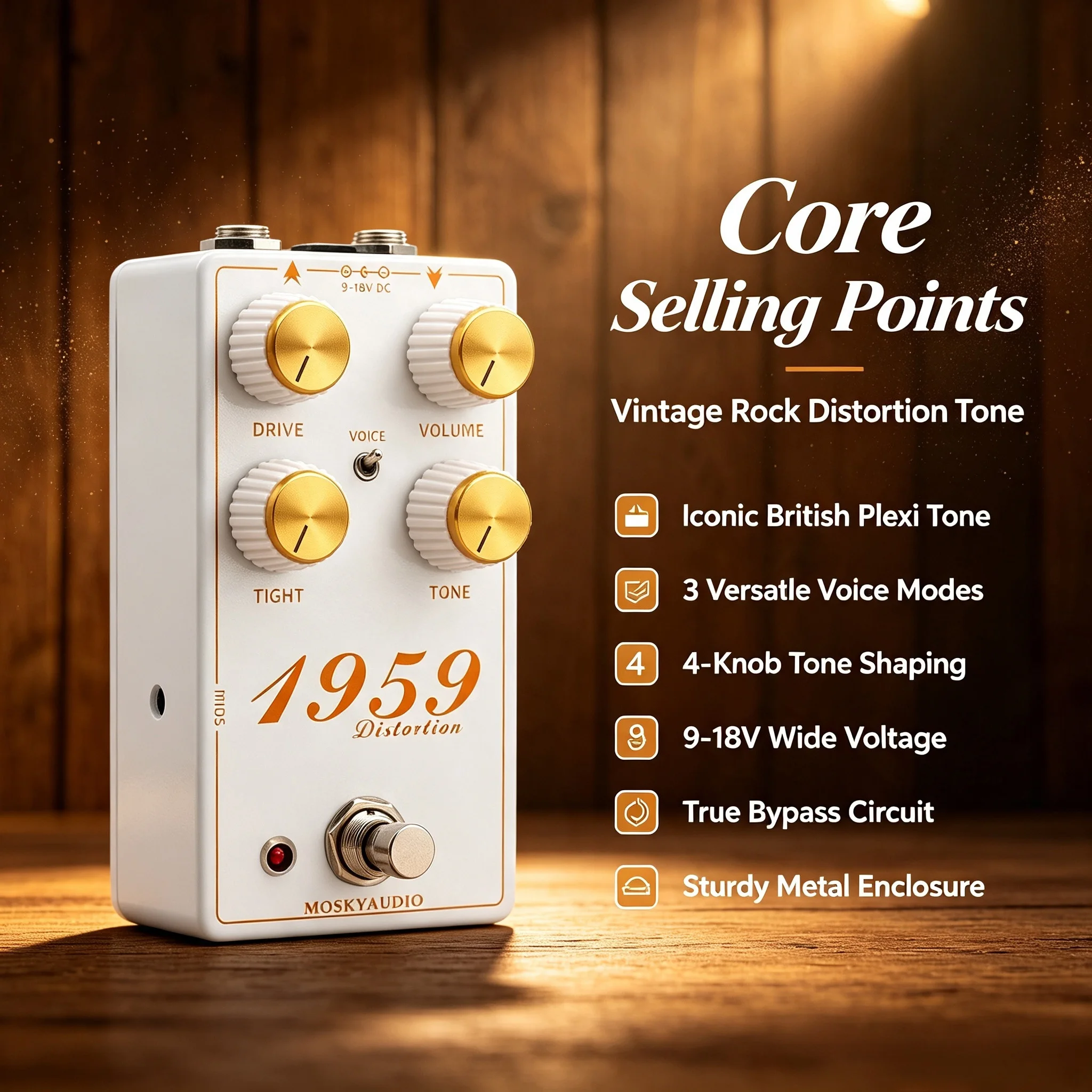 MOSKYAUDIO 1959 Guitar Effect Pedal, British Tube Tone Simulator 3 Modes Plexi JCM800 Bluesbreaker Distortion Booster True Bypas