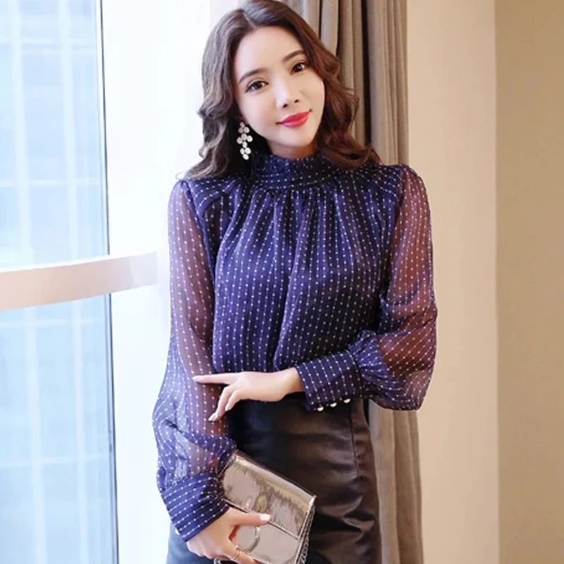 بلوزة شيفون نسائية بأكمام طويلة ، بلوزة غير رسمية ، قميص مخطط ، بلوزات عصرية ، توبات نسائية ، A28 ، #6