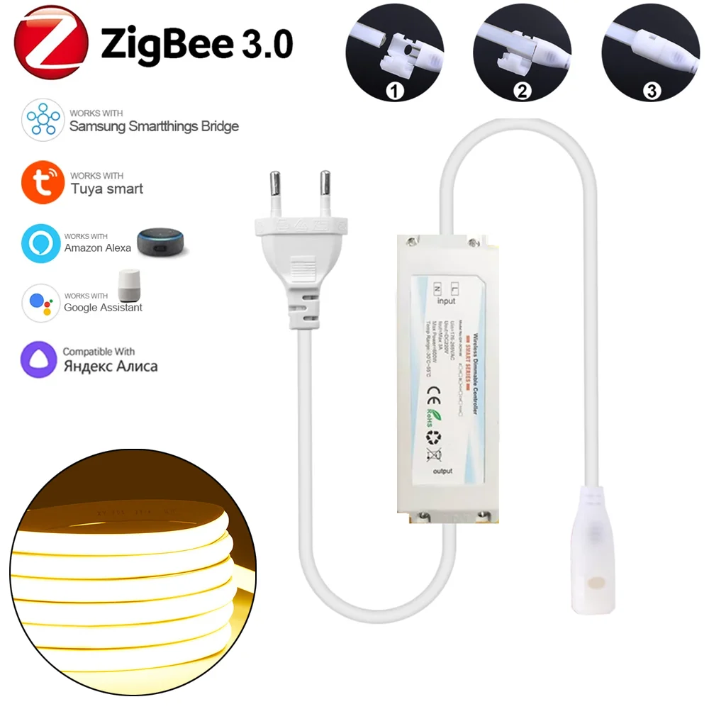 

220 В 230 В Zigbee 3.0 Tuya WIFI светодиодный контроллер COB 3528 одноцветная светодиодная гибкая лента с регулируемой яркостью для Alexa Google EU Plug