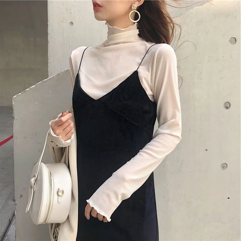 High Neck Sheer Mesh Top Women Clothing Long Sleeve Turtleneck T-shirt Korean Sexy See Through Black White Beige Shirt New