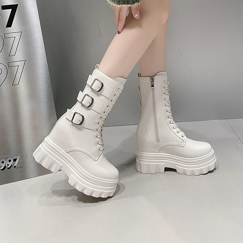 2023 Autumn Women Leather Ankle Boots Lace Up 12CM High Platform Punk Boots INS Hot Winter Chunky Motorcycle Boots Botas Mujer