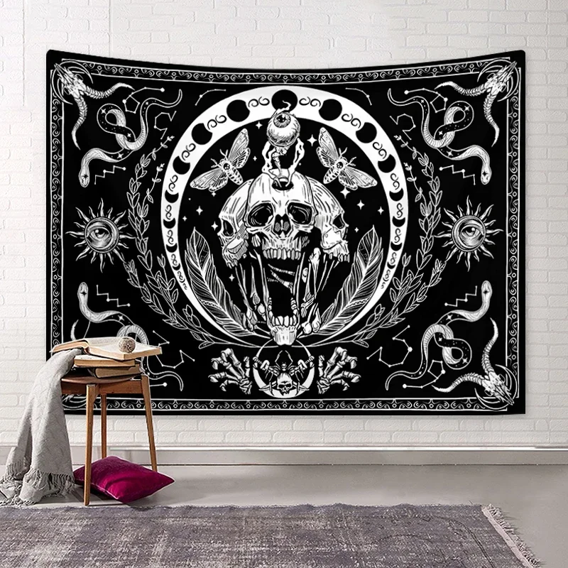 Tapestry,  Black and White Skull Tapestry, Moth Tarot Card Sun Moon Constellation Tapestry, Halloween Horror Tapestry