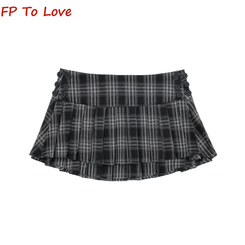 Y2K Plaid Vintage College Style High Waist A-Line Pleated Skirt Spice Girls Side Button Embellished Mini Skirt