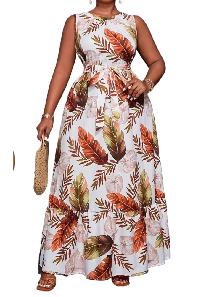 

Fashion Floral Print Dress For Women Elegant O Neck Sleeveless High Waist Loose Dresses Lady Casual Holiday Party Skirts Clothes