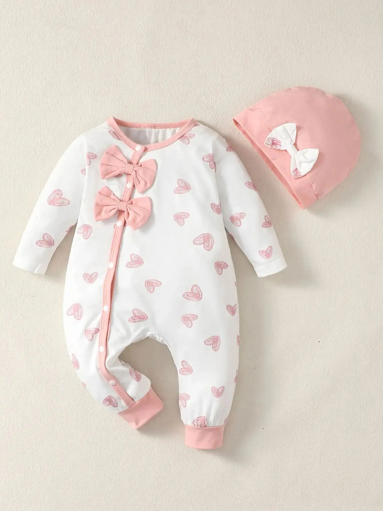 0-2 Year Old Newborn Baby Gilr Spring and Autumn Round Neck Bow Long Sleeve Love Printed Pants jumpsuit