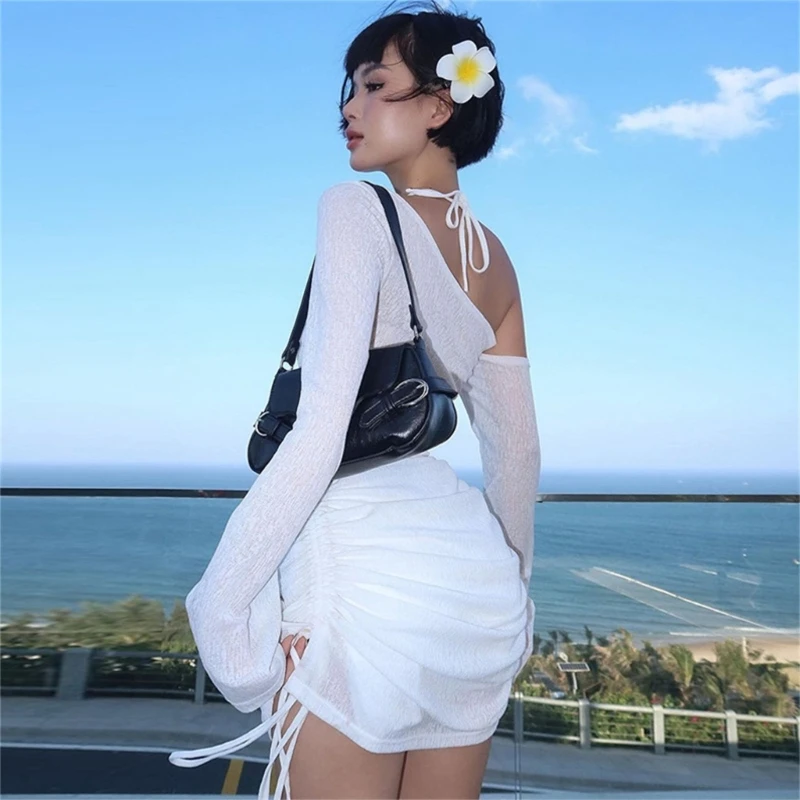 Minivestido transparente manga larga con hombros descubiertos y cordón para mujer