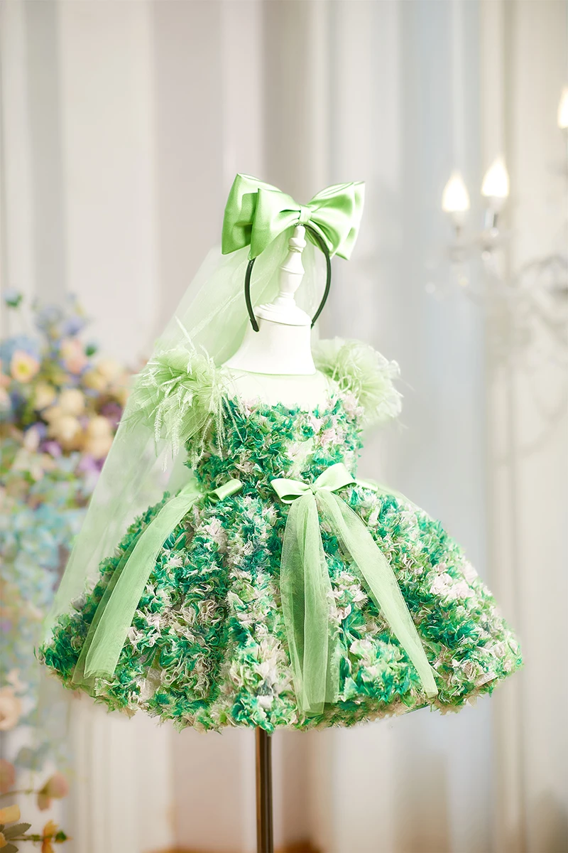 Girl's Green Mesh Dress Flying Sleeve 2026 New Arrival Flower Girl European and American Mori Princess Style Baby's Lush Dress