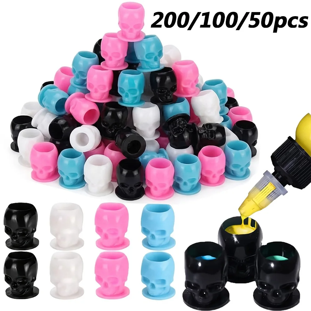 200/100/50pcs Tattoo Ink Cups Skull Shaped Tattoo Ink Caps Plastic Permanent Makeup Pigment Holder Container Tattoo Accessories