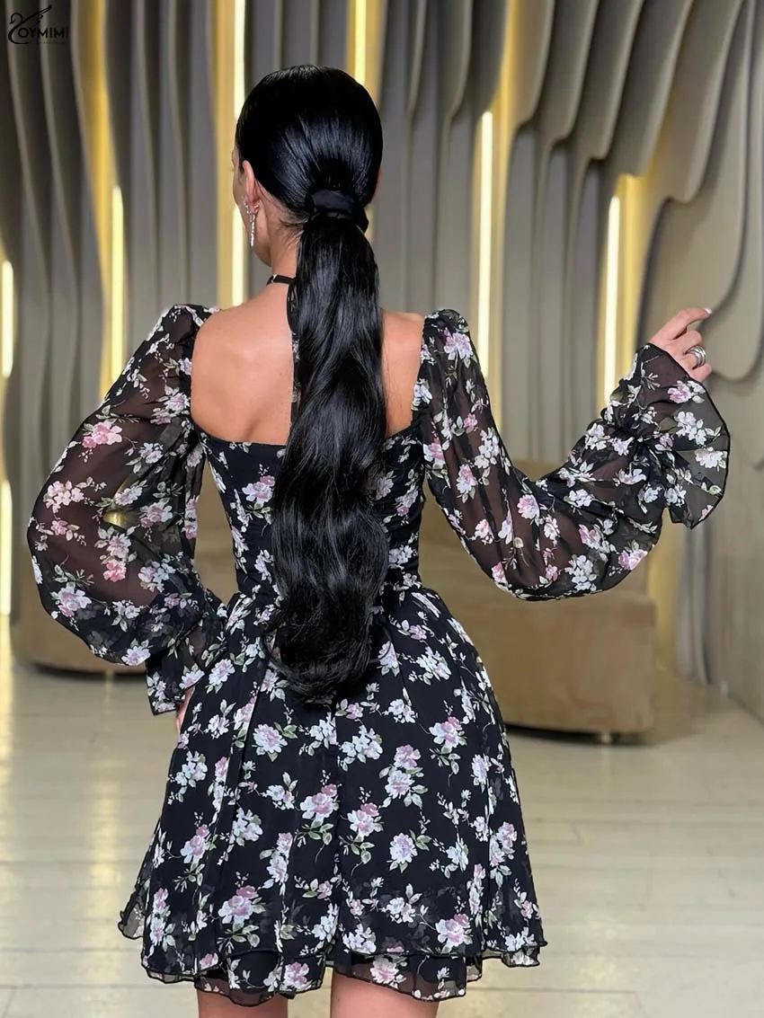 Oymimi Elegant Black Print Women's Dress Fashion Square Neck Long Sleeve Open Back Dresses Autumn Button Pleated Mini Dresses