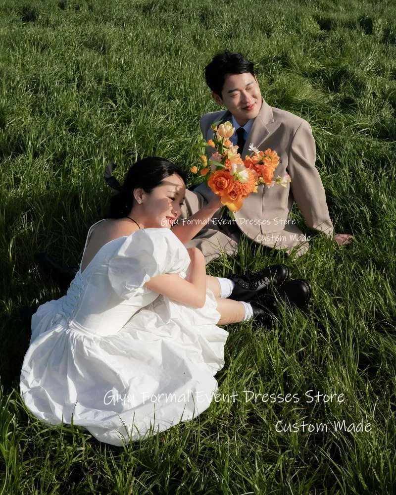 Giyu vestido de novia corto de tafetán, minivestido Formal de jardín, mangas abullonadas, sesión de fotos de Corea