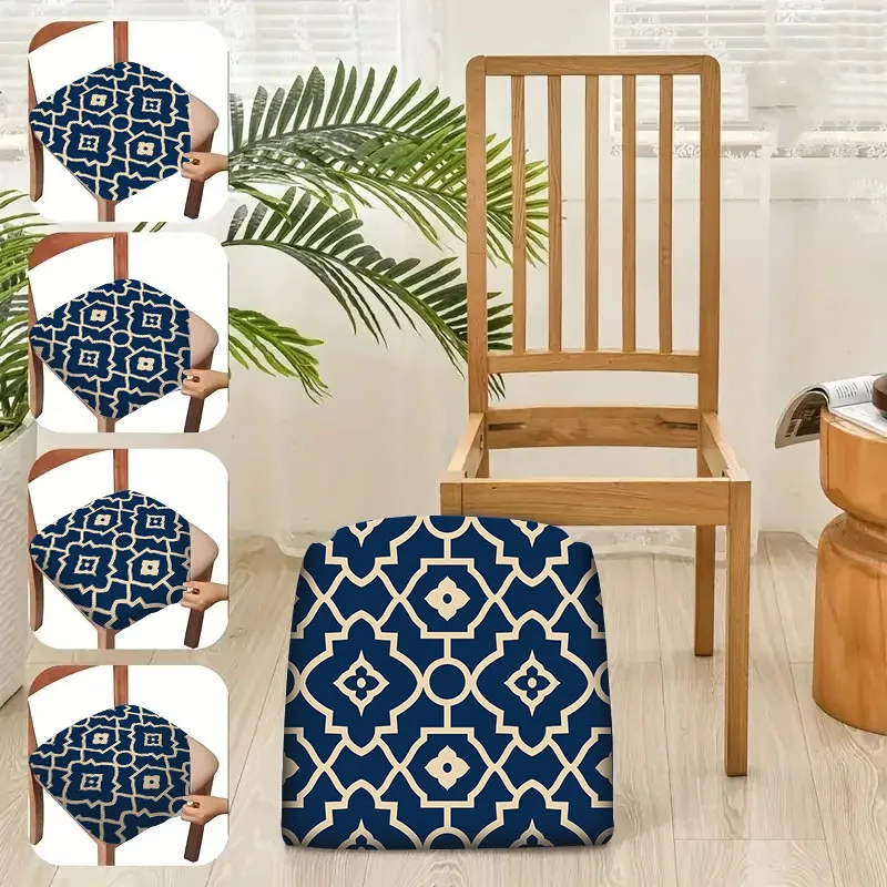 2/4/6pcs Chair Seat Slipcover,Luxury Navy Blue Gold Moroccan Tile Print Chair Slipcover for Home Decor