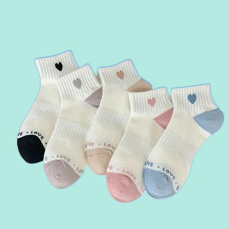 5/10 Pairs Women's High Quality Small Fresh Love Combed Cotton Breathable Sweat-absorbent Comfort Socks Summer Casual Socks