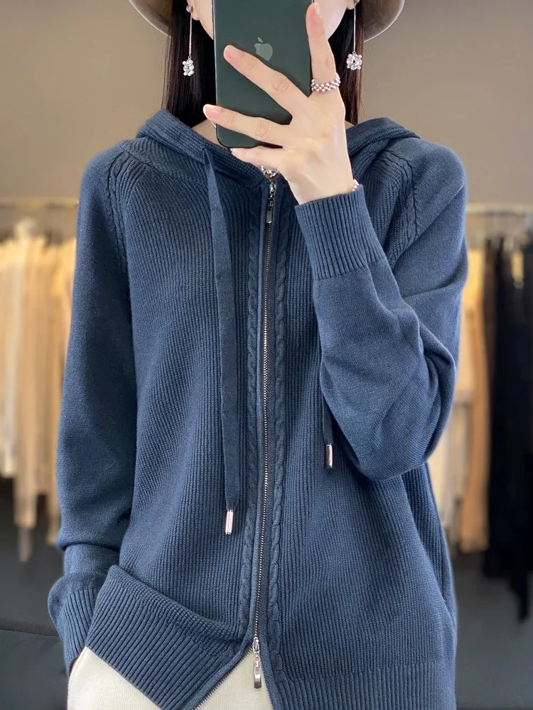 2024 autumn and winter hooded cardigan women\'s knitted top loose sweater casual solid color double zipper cardigan top