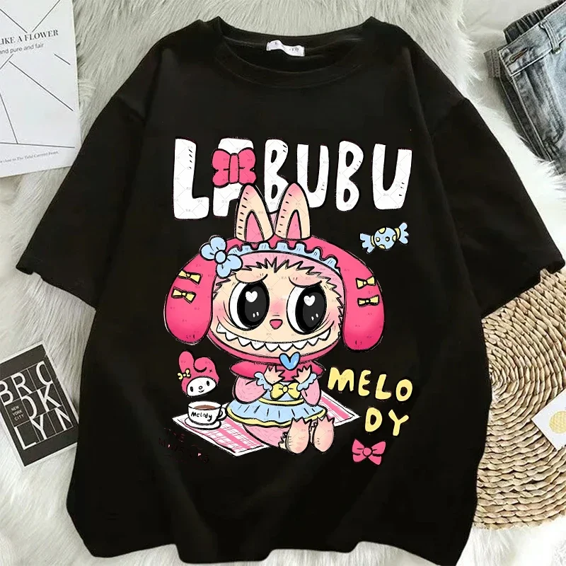 Pop Mart Labubu Couple T-shirts Women Anime Cartoon Fashion Short Sleeved Tops Street Trends Hip Hop Clothing Adult Clothes