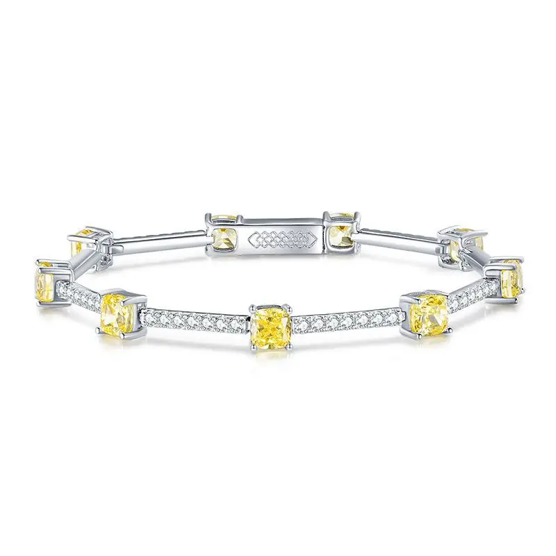 New S925 Silver Imported High Carbon Diamond 5 * 5 Yellow Diamond Ice Flower Cut Bracelet for Women, Simple and Exquisite