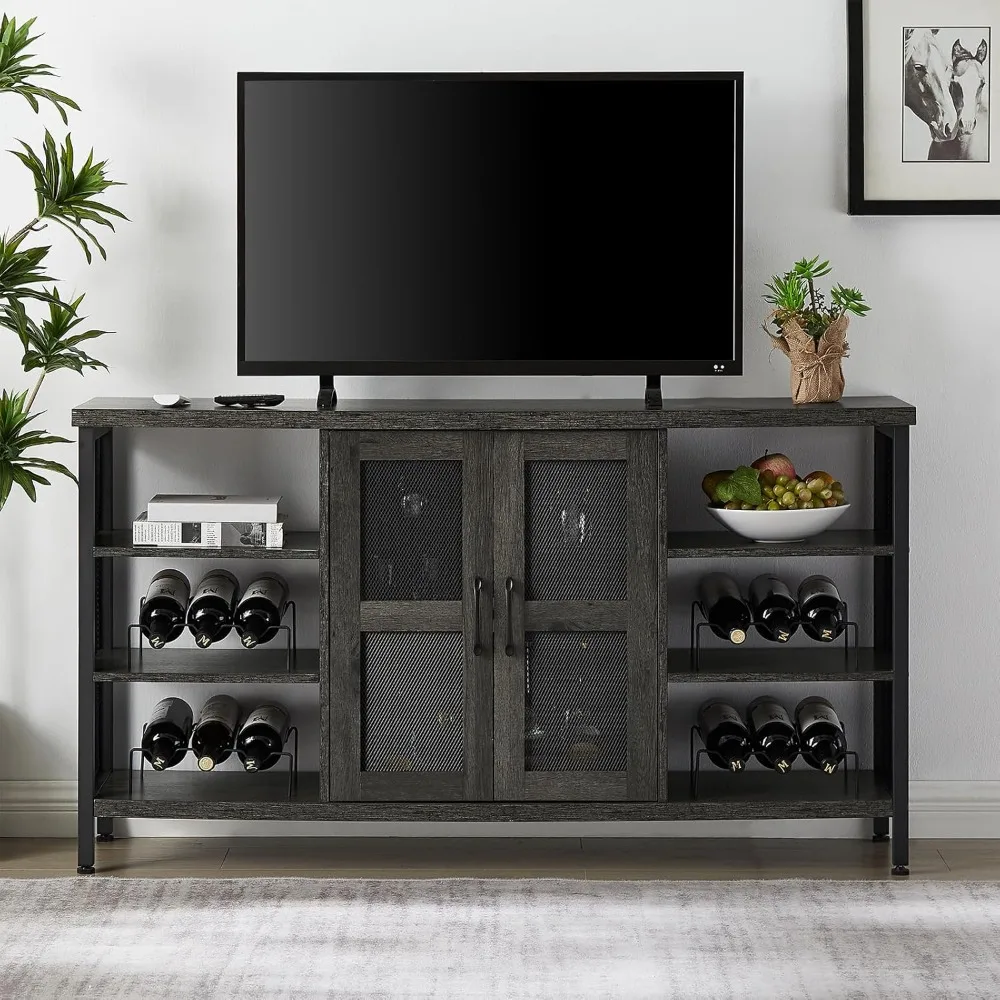 Industrial Style Wine Bar Coffee Cabinet with Wine Racks & Stemware Holder Sideboard Buffet Storage Cabinet with Induction