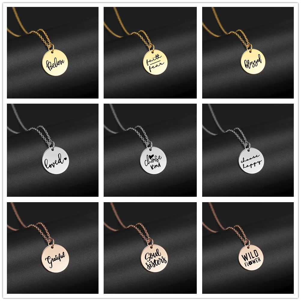 My Shape Faith Hope Love Excitement Stainless Steel Necklace for Women Small Round Pendant Necklace Choker Gift for Best Friends